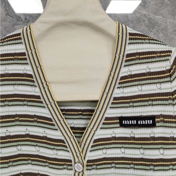 Miu Miu White, Olive & Brown Striped Short‑Sleeve V‑Neck Cardigan - Picture 9 of 9